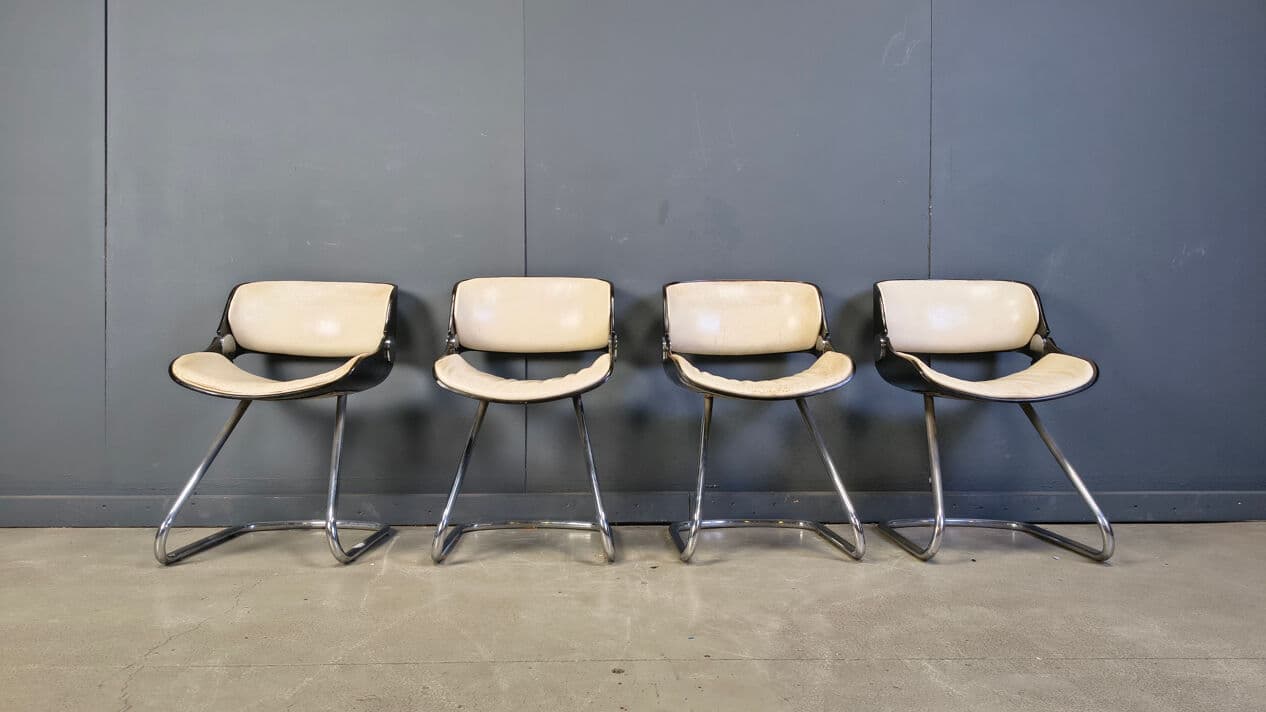 Set of four Arpege chairs, beige leather, plywood, chromed metal, by É. Fermigier, France, 1970s. - 331608