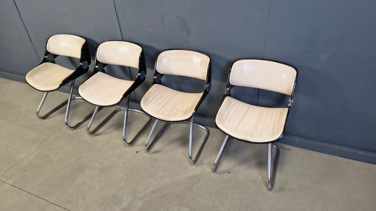 Set of four Arpege chairs, beige leather, plywood, chromed metal, by É. Fermigier, France, 1970s. - 331612