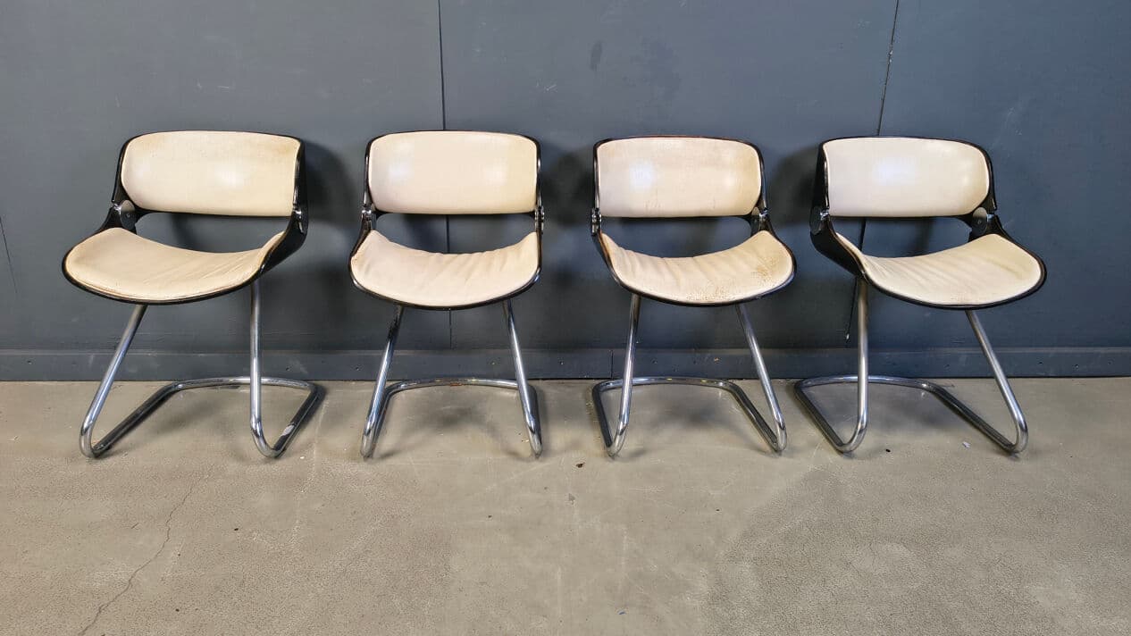 Set of four Arpege chairs, beige leather, plywood, chromed metal, by É. Fermigier, France, 1970s. - 331606