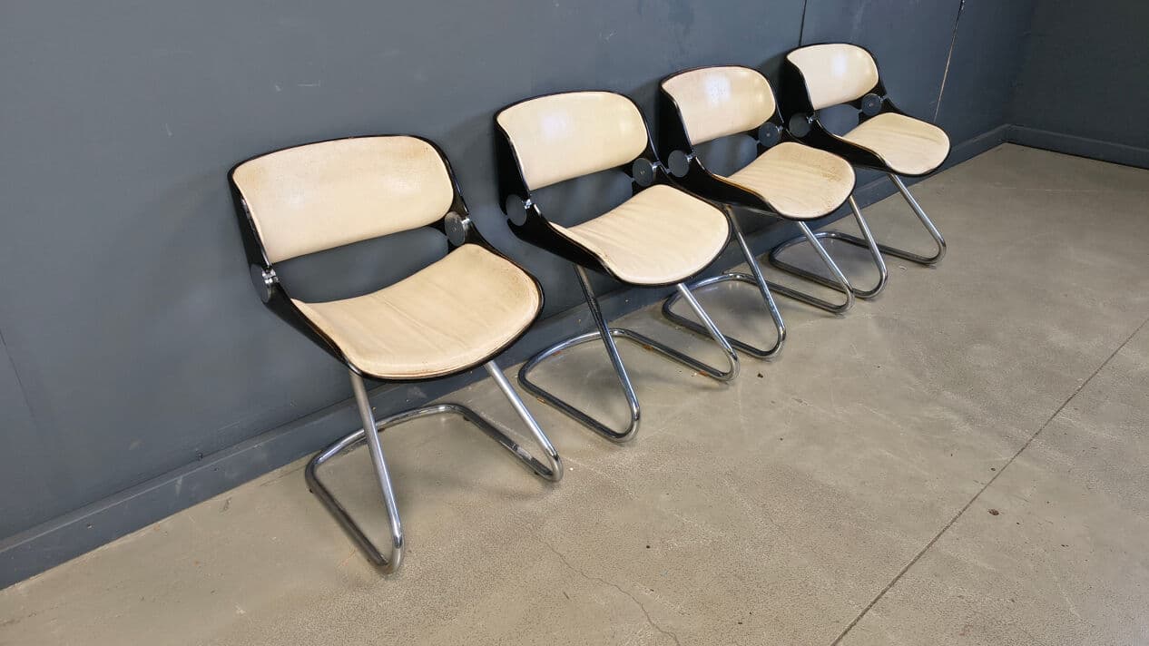 Set of four Arpege chairs, beige leather, plywood, chromed metal, by É. Fermigier, France, 1970s. - 331607