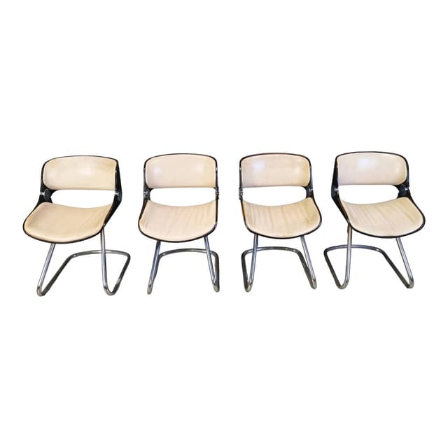 Set of four Arpege chairs, beige leather, plywood, chromed metal, by É. Fermigier, France, 1970s. - DIMENSION