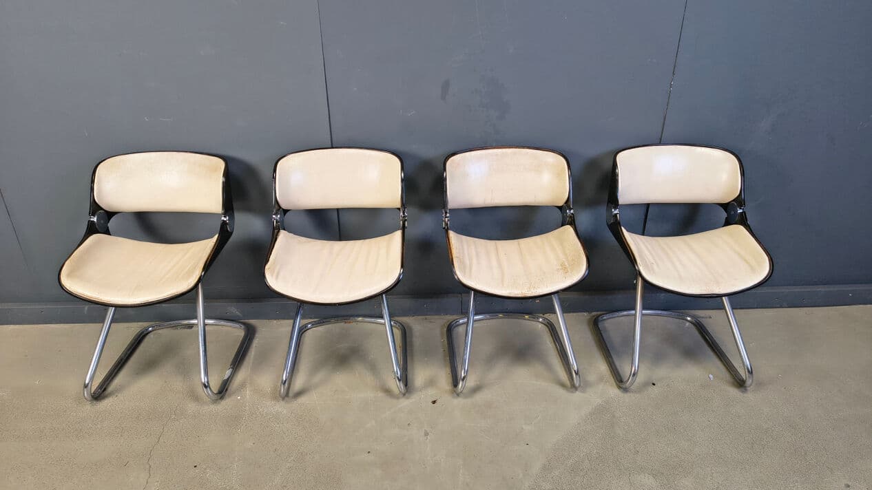 Set of four Arpege chairs, beige leather, plywood, chromed metal, by É. Fermigier, France, 1970s. - 331604