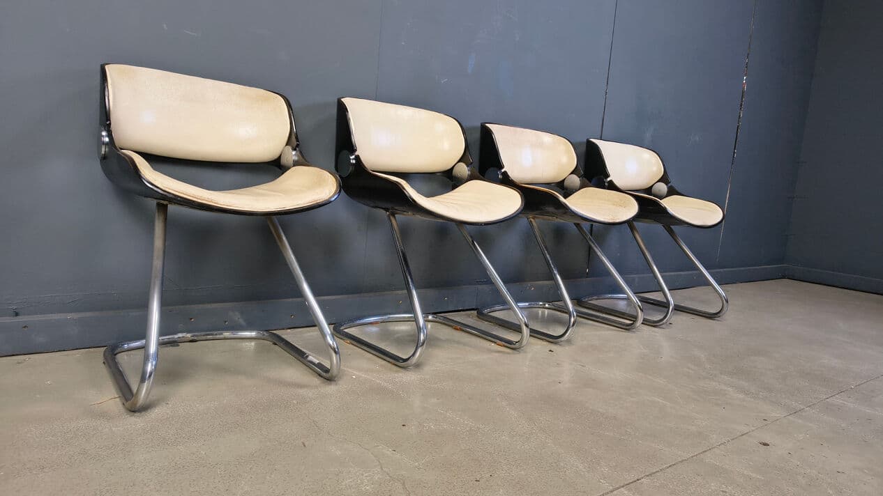 Set of four Arpege chairs, beige leather, plywood, chromed metal, by É. Fermigier, France, 1970s. - 331609