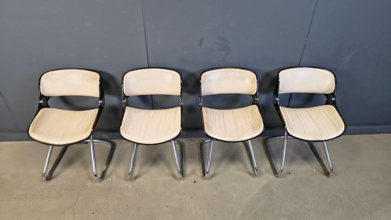 Set of four Arpege chairs, beige leather, plywood, chromed metal, by É. Fermigier, France, 1970s. - 331610