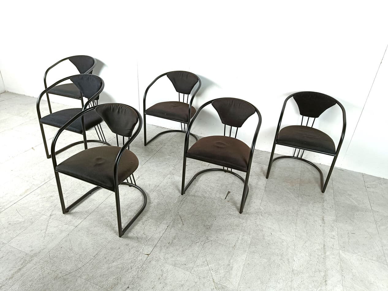 Set of Six Postmodern Dining Chairs, black fabric, black metal, Italy, 1980s. - 331599
