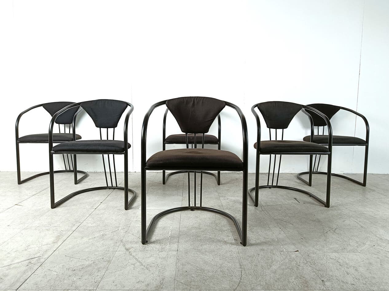 Set of Six Postmodern Dining Chairs, black fabric, black metal, Italy, 1980s. - 331598