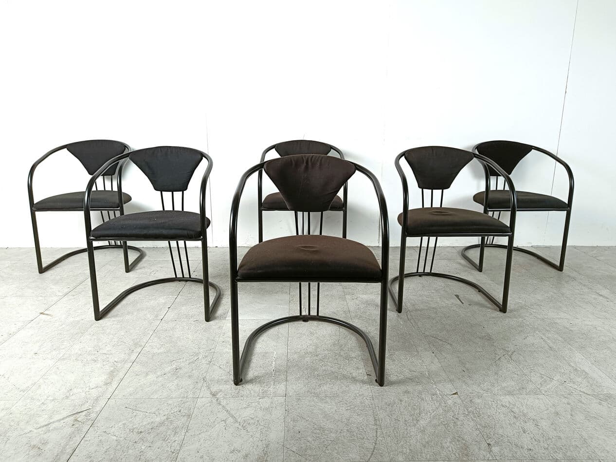 Set of six postmodern dining chairs, black velvet, black metal, Italy, 1980s. - 331575