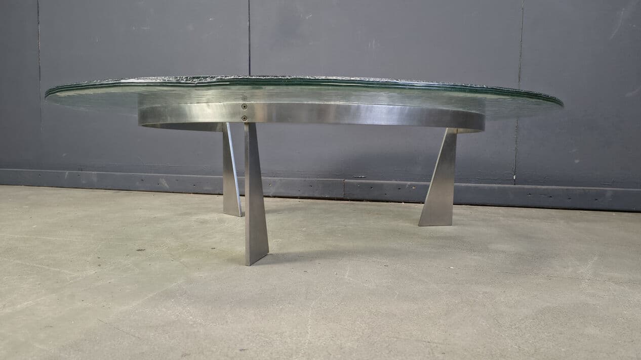 Coffee table G3, transparent green glass, stainless steel, by J. Van Beek, Metaform, Netherlands, 1980s. - 331567