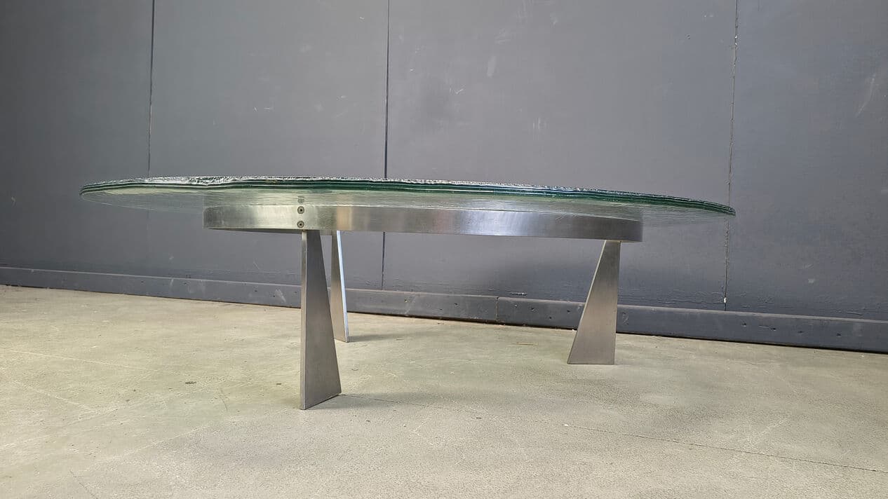Coffee table G3, transparent green glass, stainless steel, by J. Van Beek, Metaform, Netherlands, 1980s. - 331561