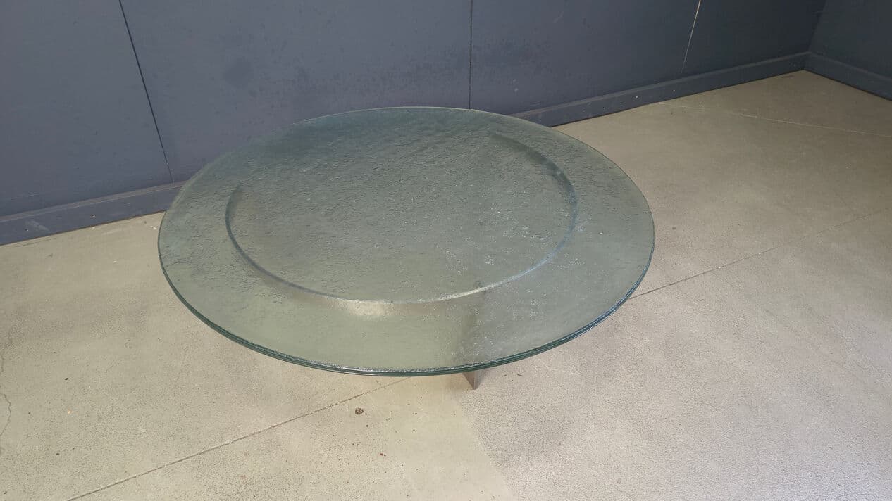 Coffee table G3, transparent green glass, stainless steel, by J. Van Beek, Metaform, Netherlands, 1980s. - 331560
