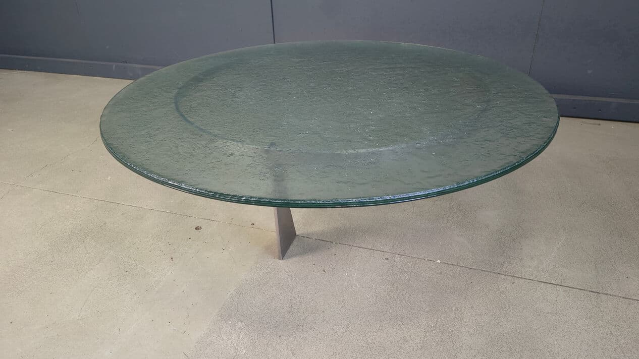 Coffee table G3, transparent green glass, stainless steel, by J. Van Beek, Metaform, Netherlands, 1980s. - 331566