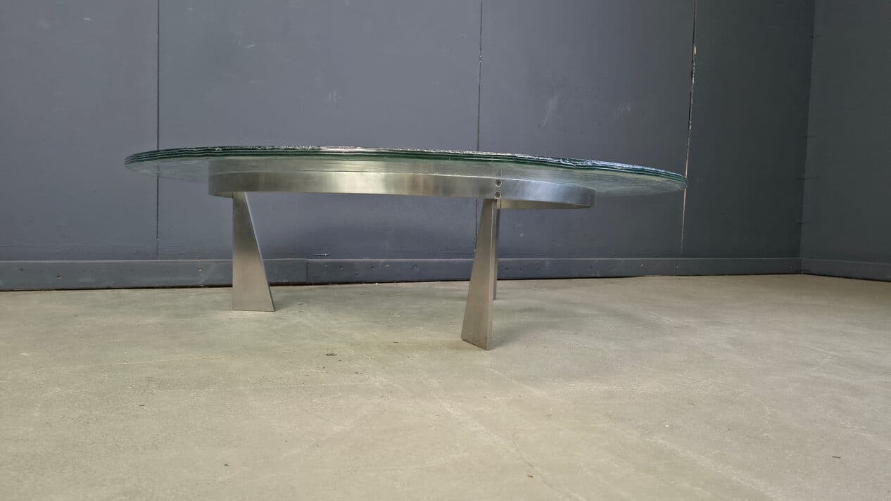 Coffee table G3, transparent green glass, stainless steel, by J. Van Beek, Metaform, Netherlands, 1980s. - 331564