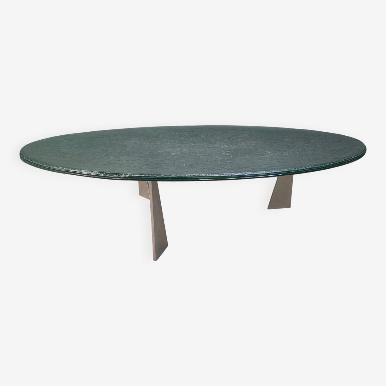 Coffee table G3, transparent green glass, stainless steel, by J. Van Beek, Metaform, Netherlands, 1980s. - 331562