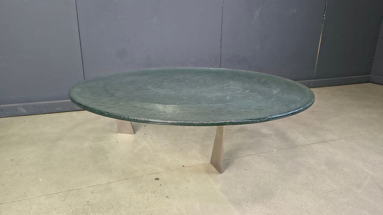 Coffee table G3, transparent green glass, stainless steel, by J. Van Beek, Metaform, Netherlands, 1980s. - 331563