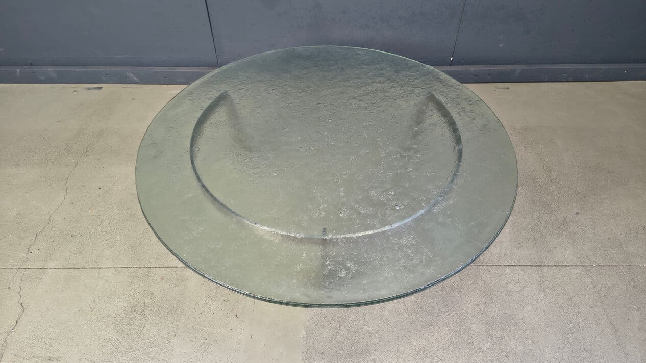 Coffee table G3, transparent green glass, stainless steel, by J. Van Beek, Metaform, Netherlands, 1980s. - 331565