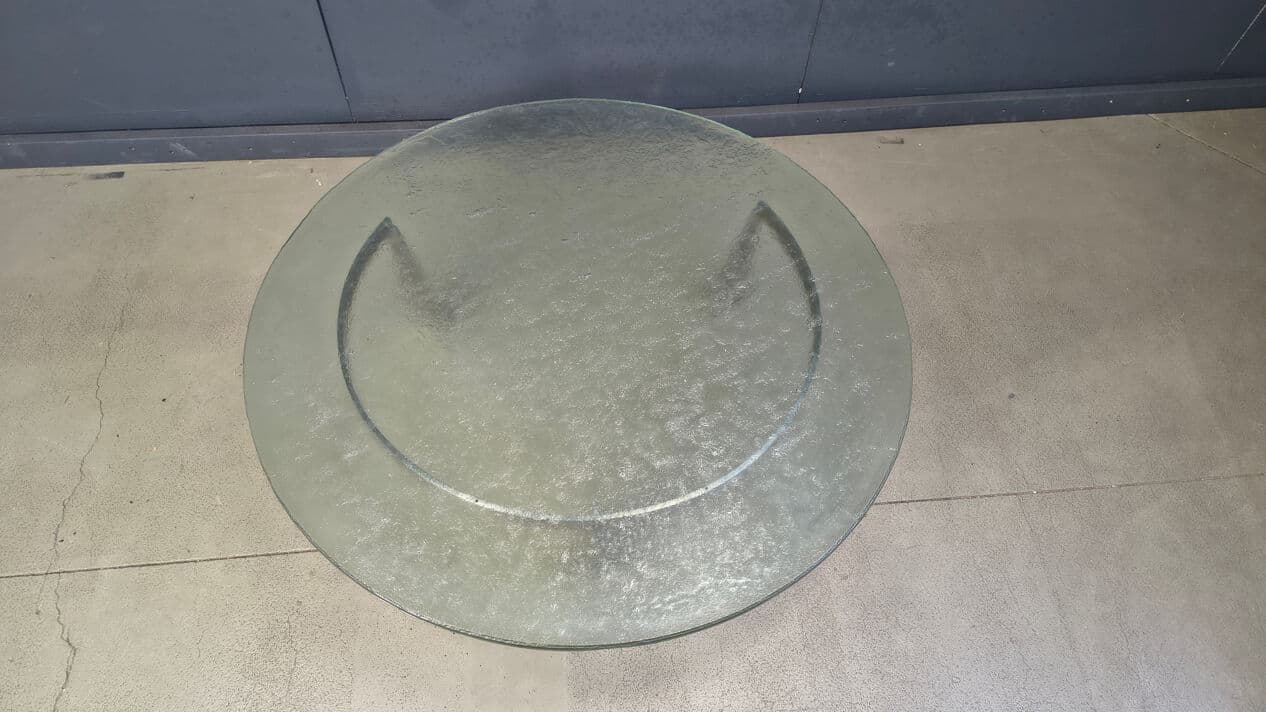 Coffee table G3, transparent green glass, stainless steel, by J. Van Beek, Metaform, Netherlands, 1980s. - 331569