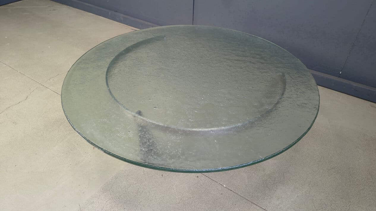 Coffee table G3, transparent green glass, stainless steel, by J. Van Beek, Metaform, Netherlands, 1980s. - 331570