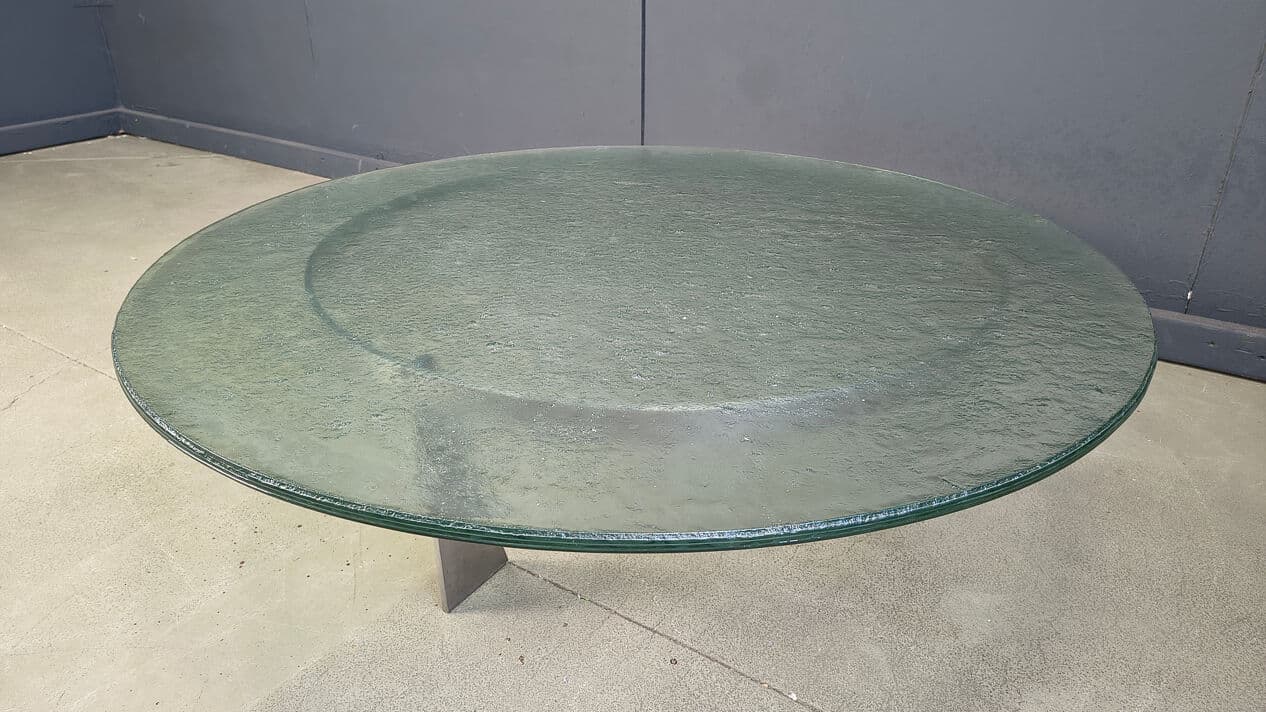 Coffee table G3, transparent green glass, stainless steel, by J. Van Beek, Metaform, Netherlands, 1980s. - 331568