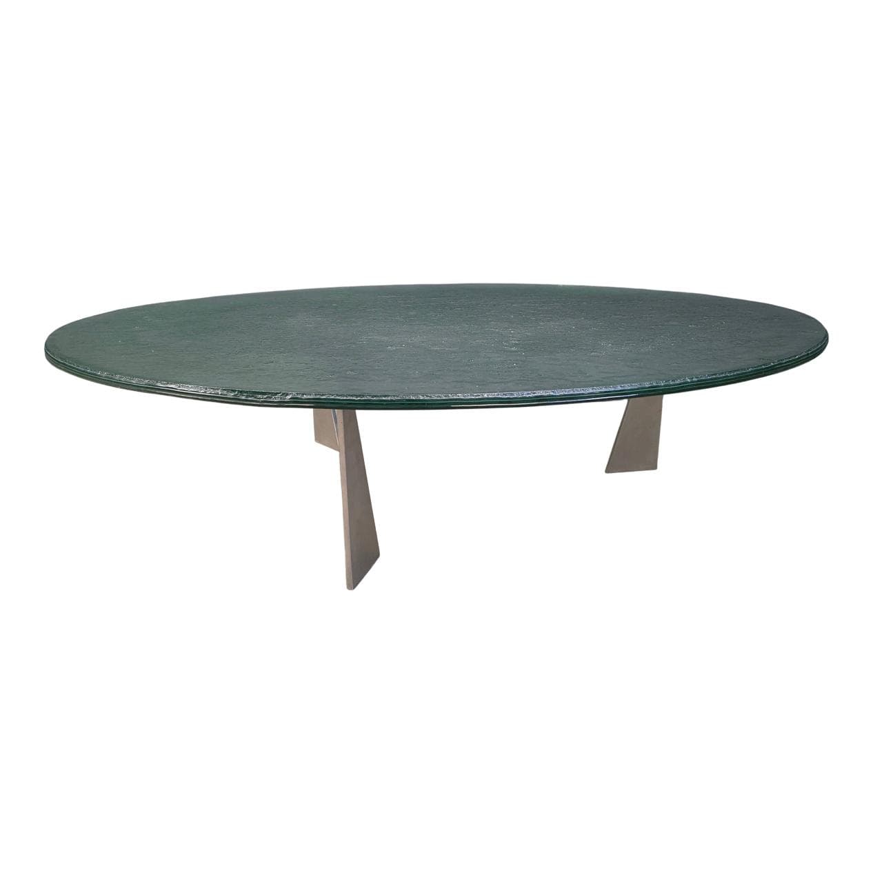 Coffee table G3, transparent green glass, stainless steel, by J. Van Beek, Metaform, Netherlands, 1980s.
