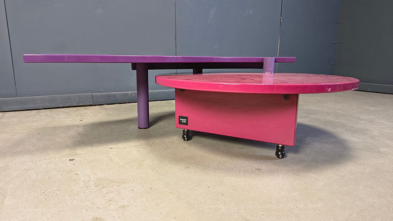 Coffee table, purple pink, wood metal, by M. Salvato, Saporiti Italia, Italy, 1980s. - 331545