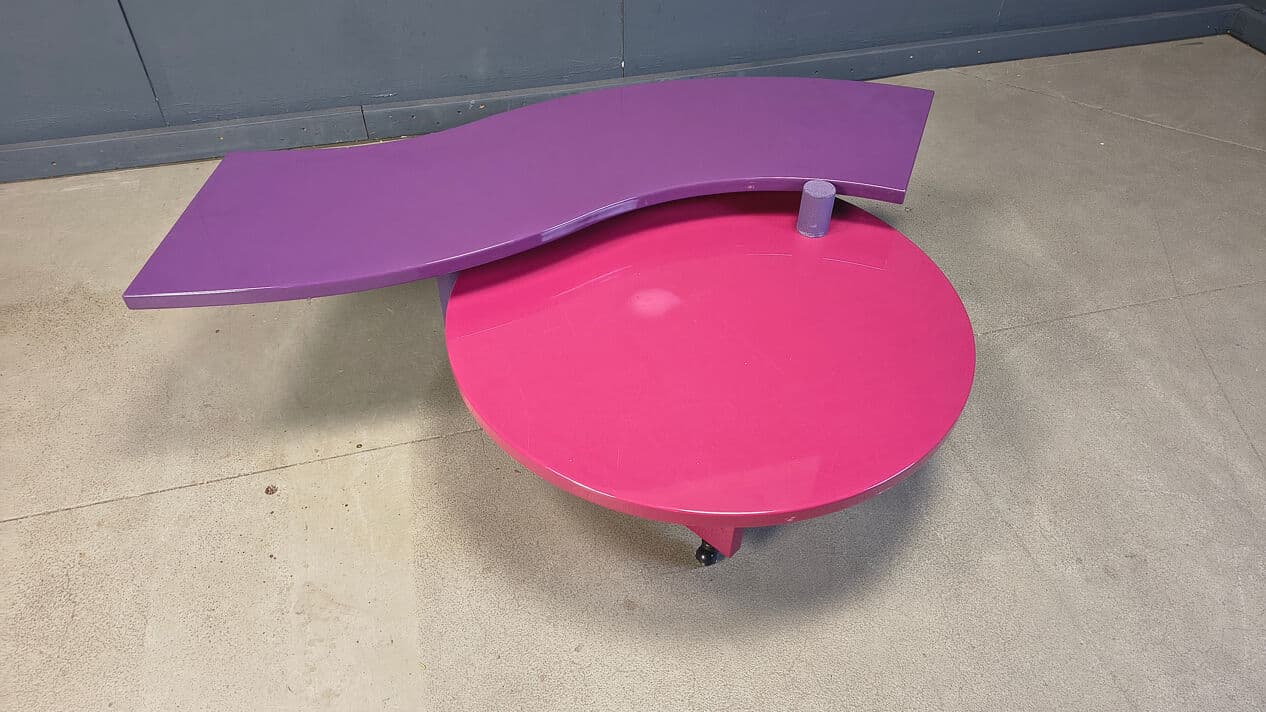 Coffee table, purple pink, wood metal, by M. Salvato, Saporiti Italia, Italy, 1980s. - 331544