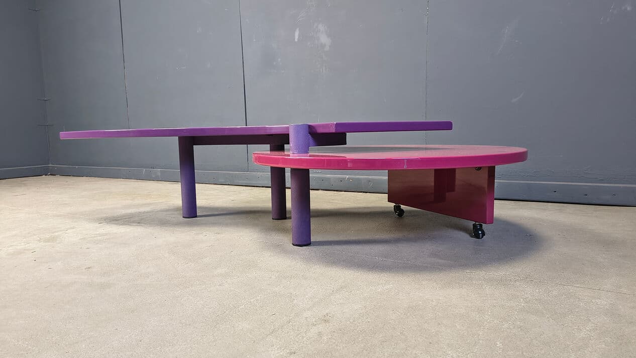 Coffee table, purple pink, wood metal, by M. Salvato, Saporiti Italia, Italy, 1980s. - 331542