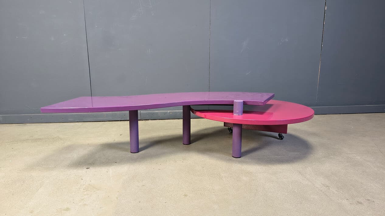 Coffee table, purple pink, wood metal, by M. Salvato, Saporiti Italia, Italy, 1980s. - 331536