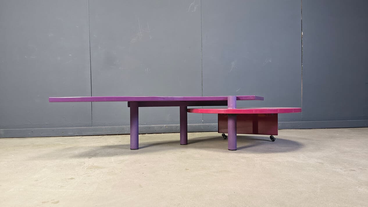 Coffee table, purple pink, wood metal, by M. Salvato, Saporiti Italia, Italy, 1980s. - 331540