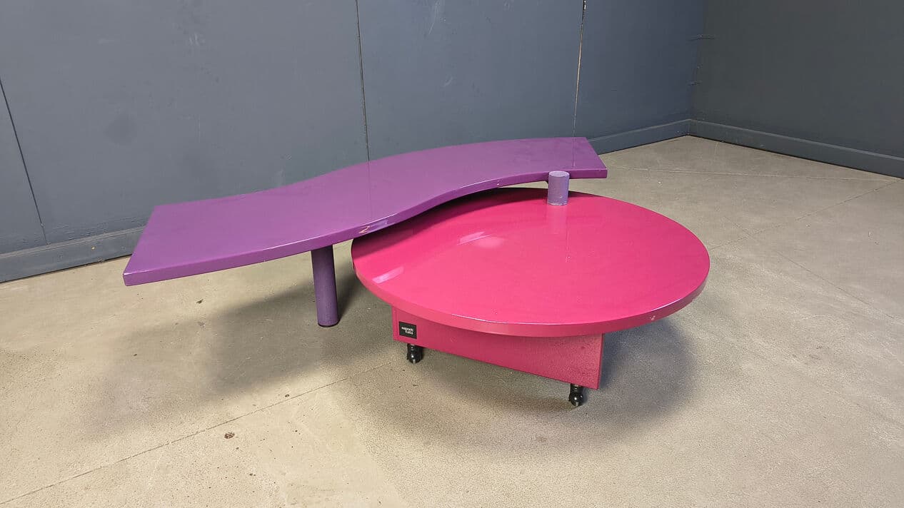 Coffee table, purple pink, wood metal, by M. Salvato, Saporiti Italia, Italy, 1980s. - 331543