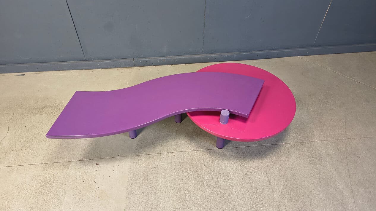 Coffee table, purple pink, wood metal, by M. Salvato, Saporiti Italia, Italy, 1980s. - 331537