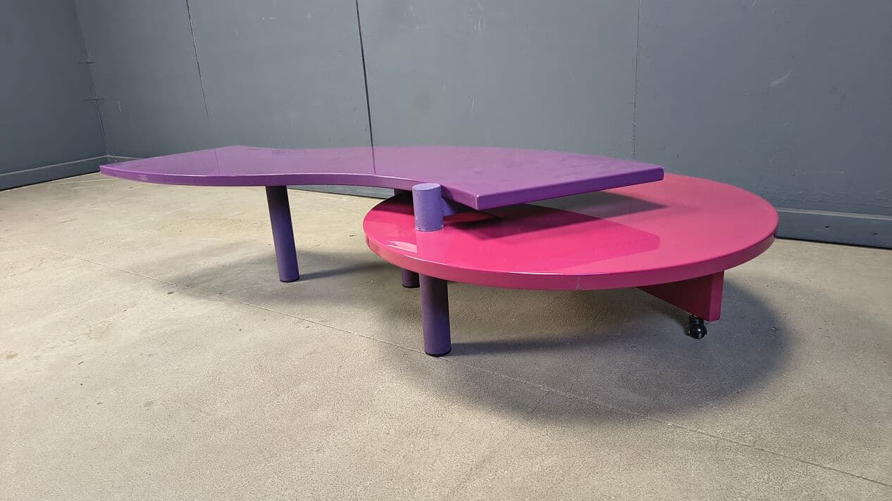Coffee table, purple pink, wood metal, by M. Salvato, Saporiti Italia, Italy, 1980s. - 331541