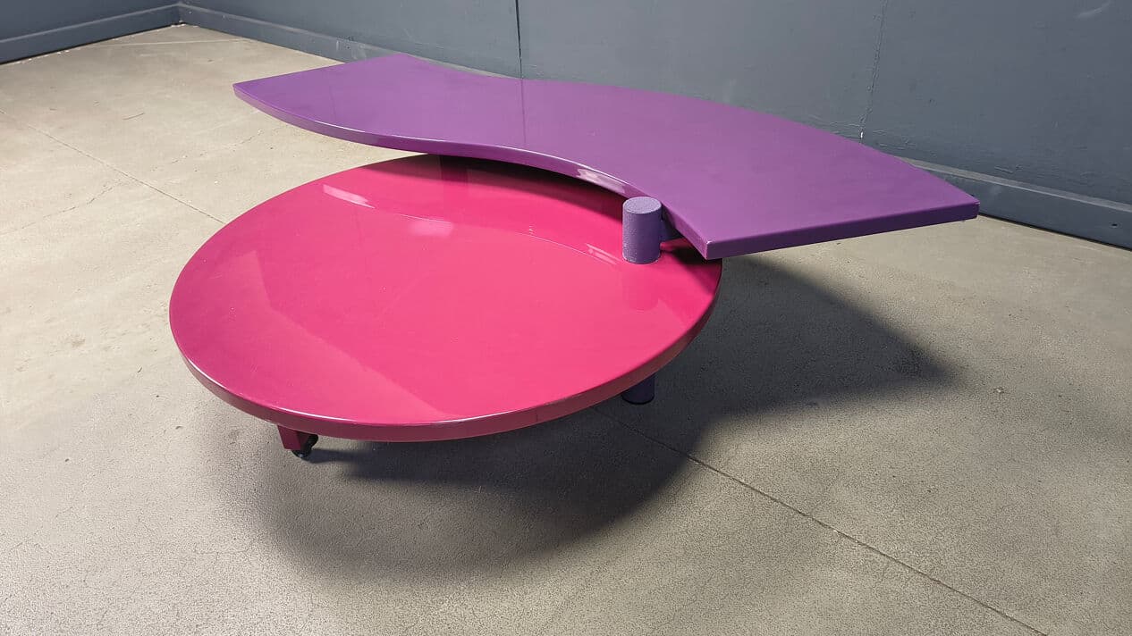 Coffee table, purple pink, wood metal, by M. Salvato, Saporiti Italia, Italy, 1980s. - 331546