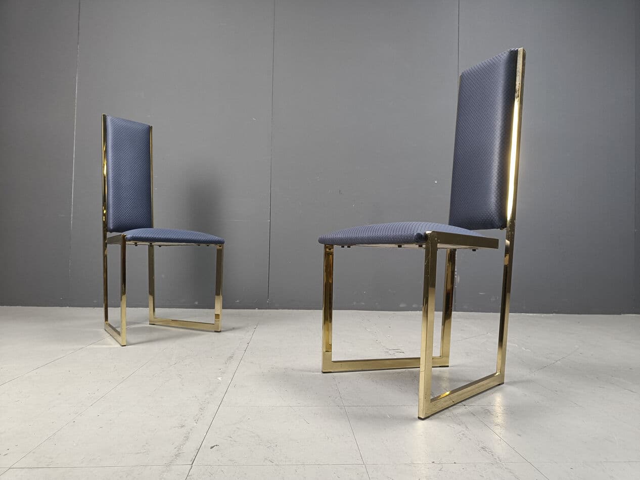 Set of six dining chairs, gold brass, blue fabric, Belgium, 1970s. - 331528