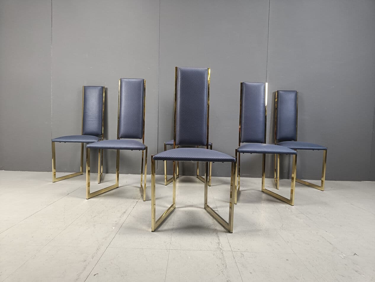 Set of six dining chairs, gold brass, blue fabric, Belgium, 1970s. - 331533
