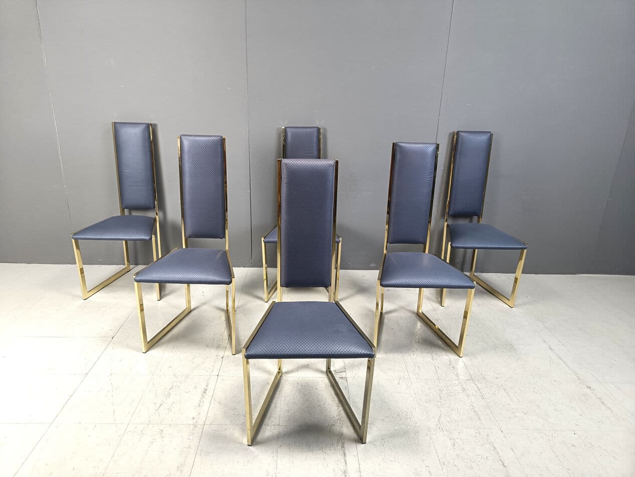 Set of six dining chairs, gold brass, blue fabric, Belgium, 1970s. - 331525