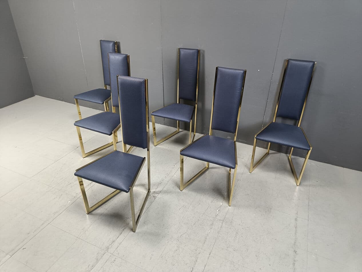 Set of six dining chairs, gold brass, blue fabric, Belgium, 1970s. - 331534