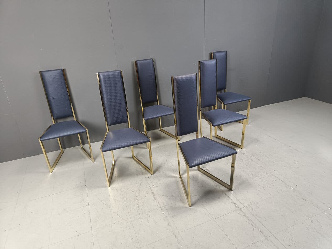 Set of six dining chairs, gold brass, blue fabric, Belgium, 1970s. - 331531