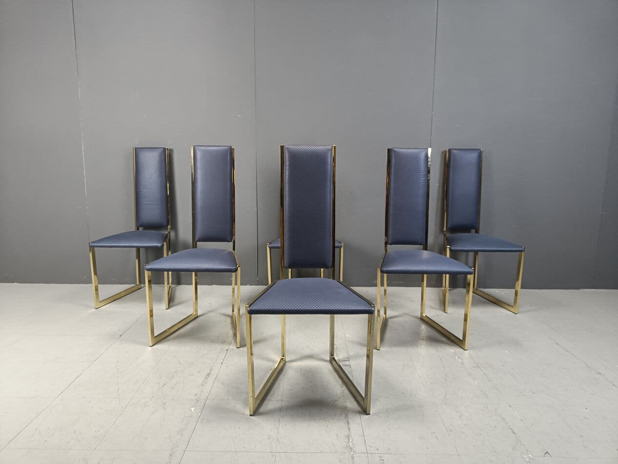 Set of six dining chairs, gold brass, blue fabric, Belgium, 1970s. - 331532