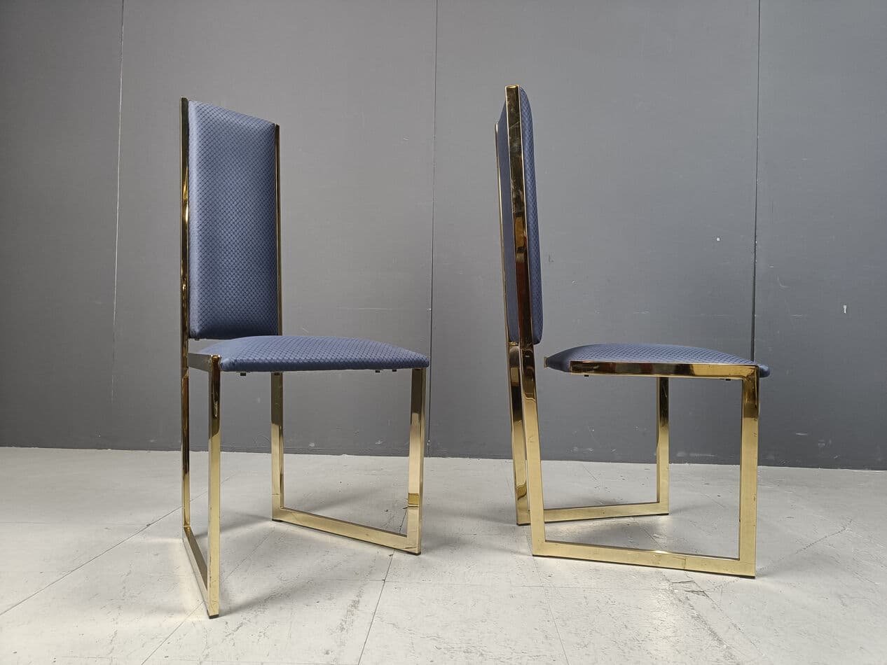 Set of six dining chairs, gold brass, blue fabric, Belgium, 1970s. - 331527