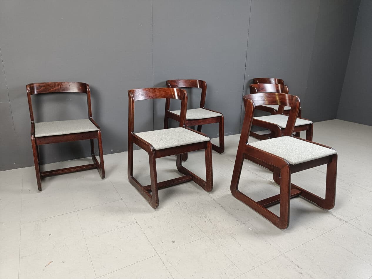 Set of six dining chairs, reddish-brown wood, white fabric, by M. Sabot, Italy, 1970s. - 331517
