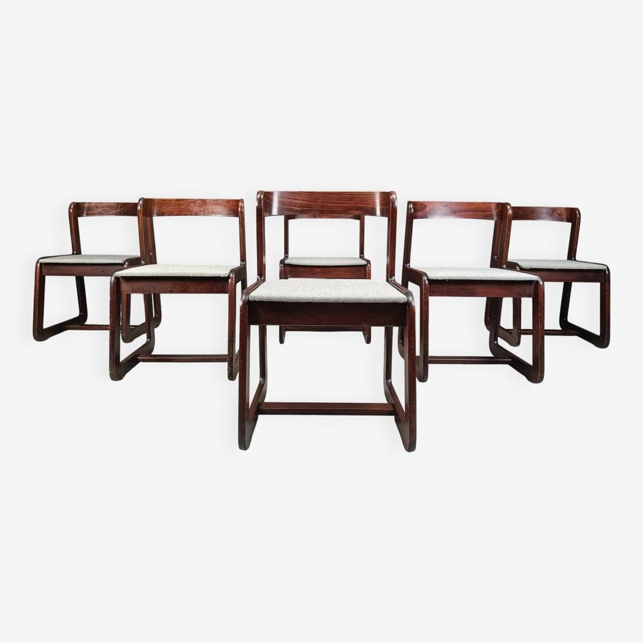 Set of six dining chairs, reddish-brown wood, white fabric, by M. Sabot, Italy, 1970s. - 331523