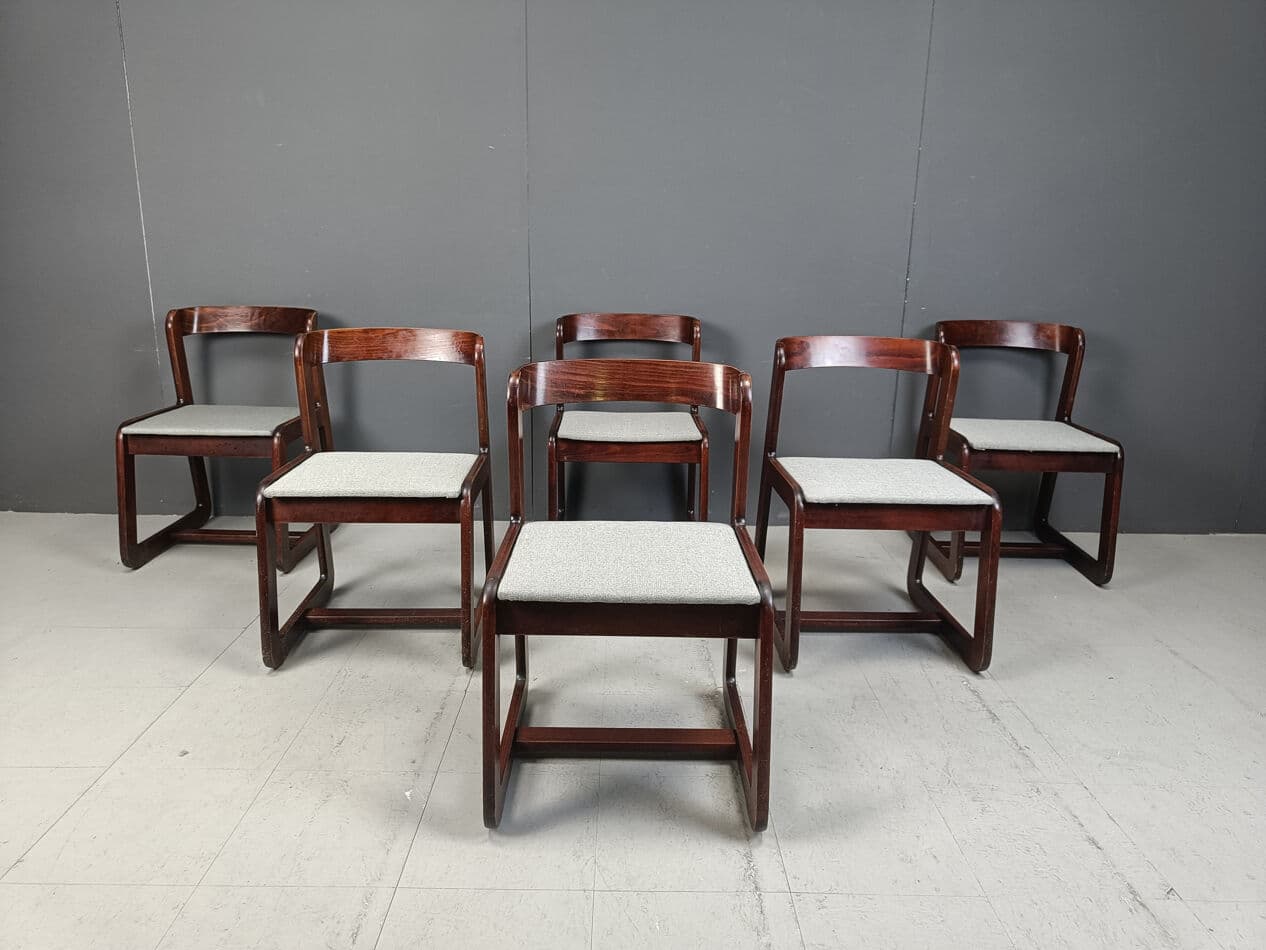 Set of six dining chairs, reddish-brown wood, white fabric, by M. Sabot, Italy, 1970s. - 331521