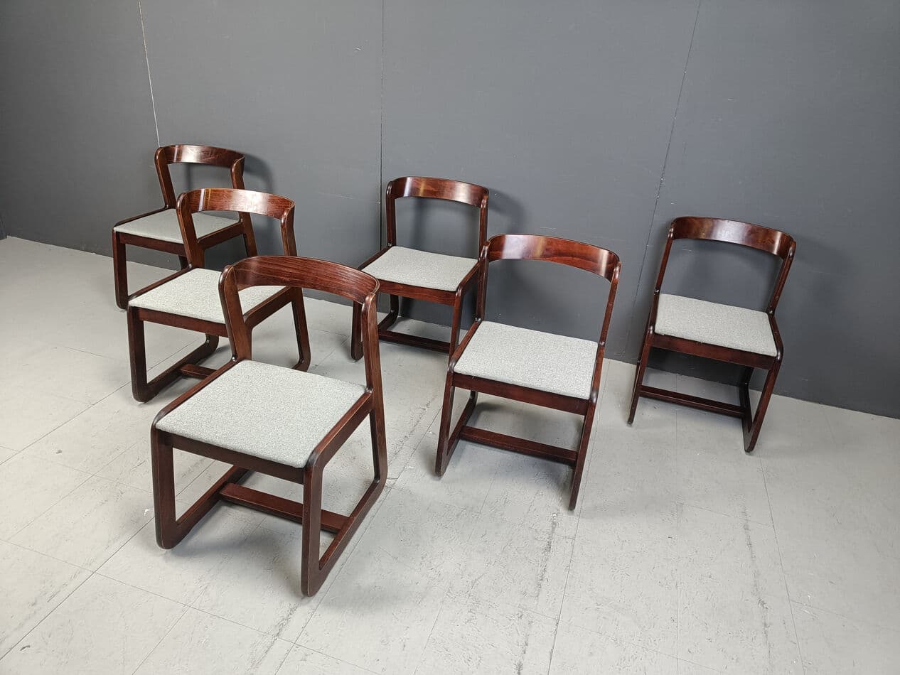 Set of six dining chairs, reddish-brown wood, white fabric, by M. Sabot, Italy, 1970s. - 331518