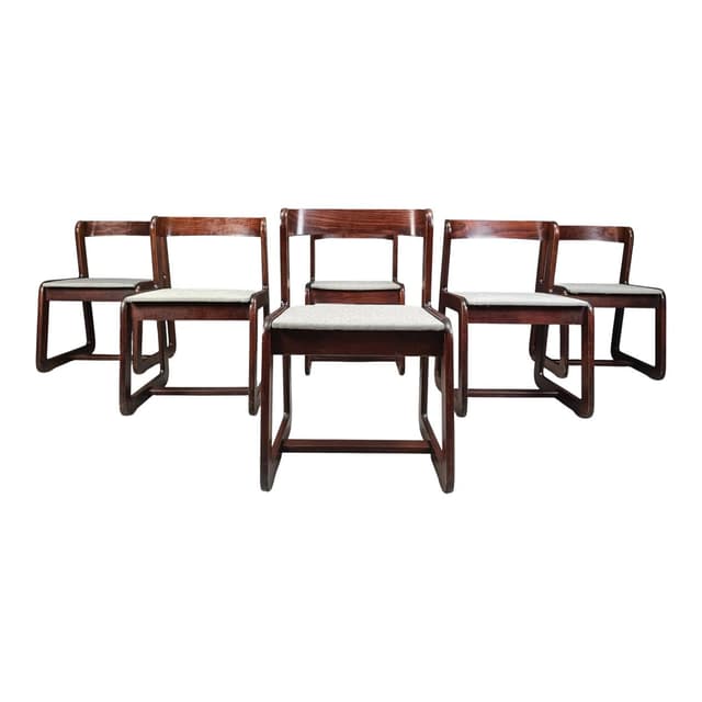 Set of six dining chairs, reddish-brown wood, white fabric, by M. Sabot, Italy, 1970s. - DIMENSION