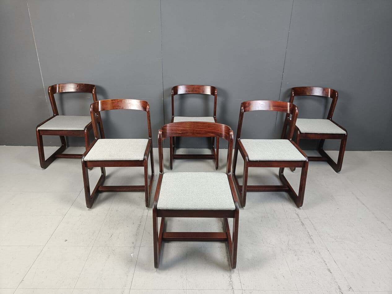 Set of six dining chairs, reddish-brown wood, white fabric, by M. Sabot, Italy, 1970s. - 331519
