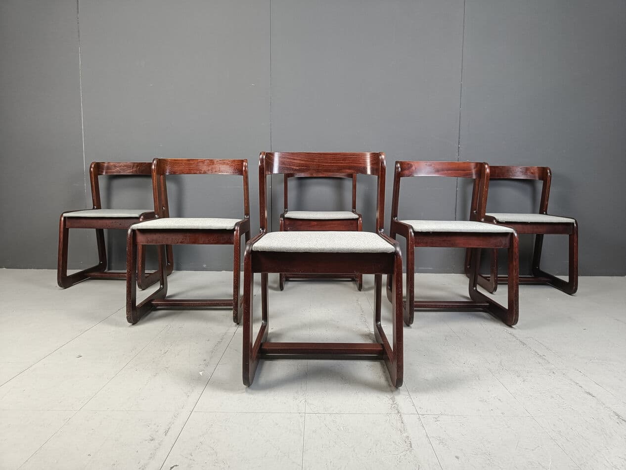 Set of six dining chairs, reddish-brown wood, white fabric, by M. Sabot, Italy, 1970s. - 331522