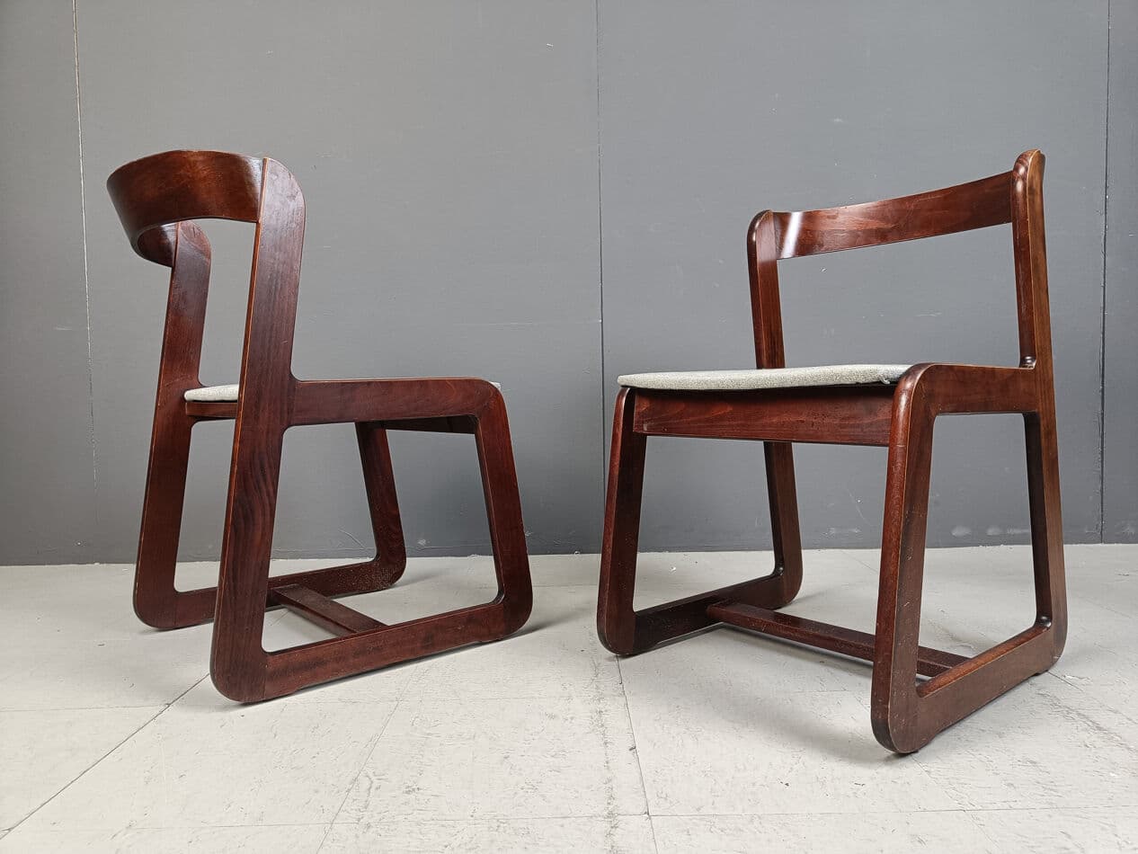 Set of six dining chairs, reddish-brown wood, white fabric, by M. Sabot, Italy, 1970s. - 331515