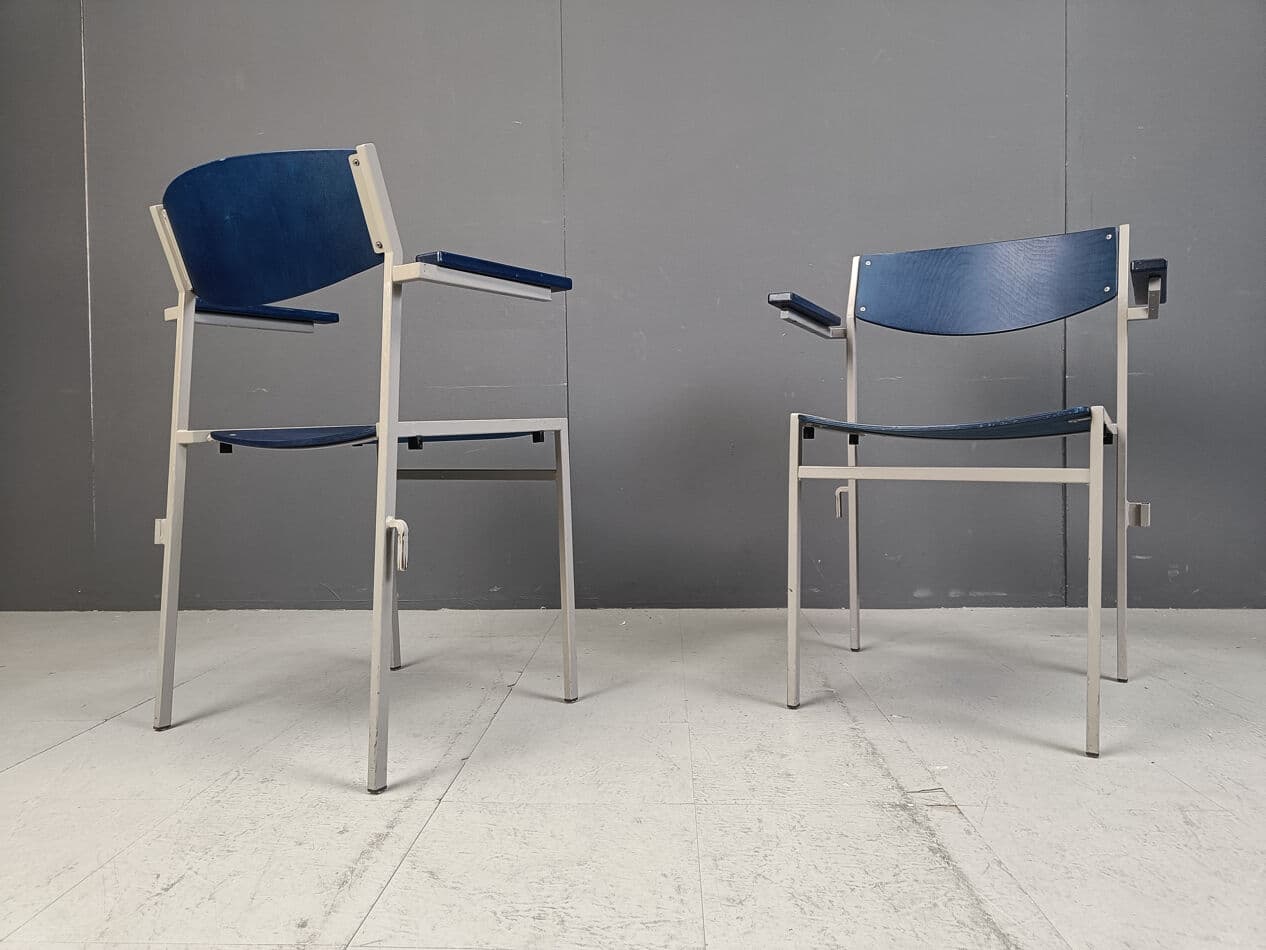 Set of six armchairs, navy blue plywood, grey metal, by G. Van Der Sluis, Netherlands, 1960s. - 331513