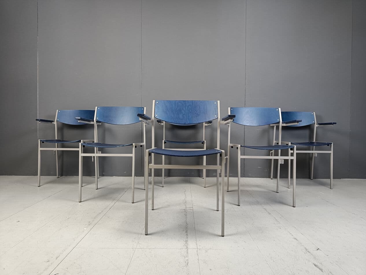 Set of six armchairs, navy blue plywood, grey metal, by G. Van Der Sluis, Netherlands, 1960s. - 331508