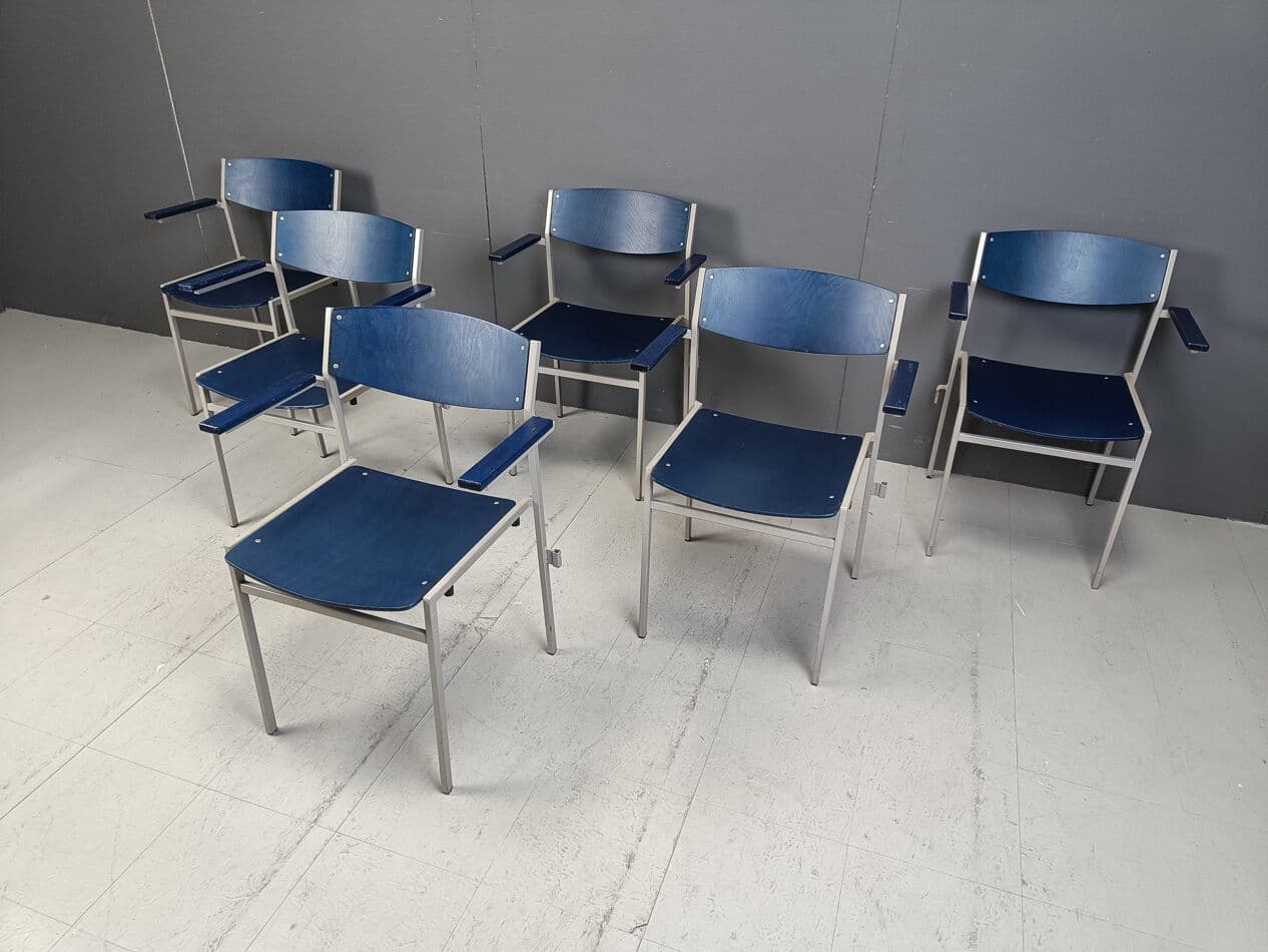 Set of six armchairs, navy blue plywood, grey metal, by G. Van Der Sluis, Netherlands, 1960s. - 331507